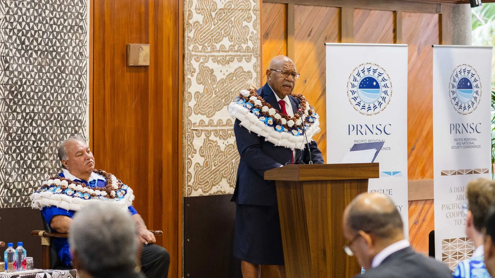 Prime Minister the Hon Sitiveni Rabuka at podium, Secretary-General Baron Waqa (left)