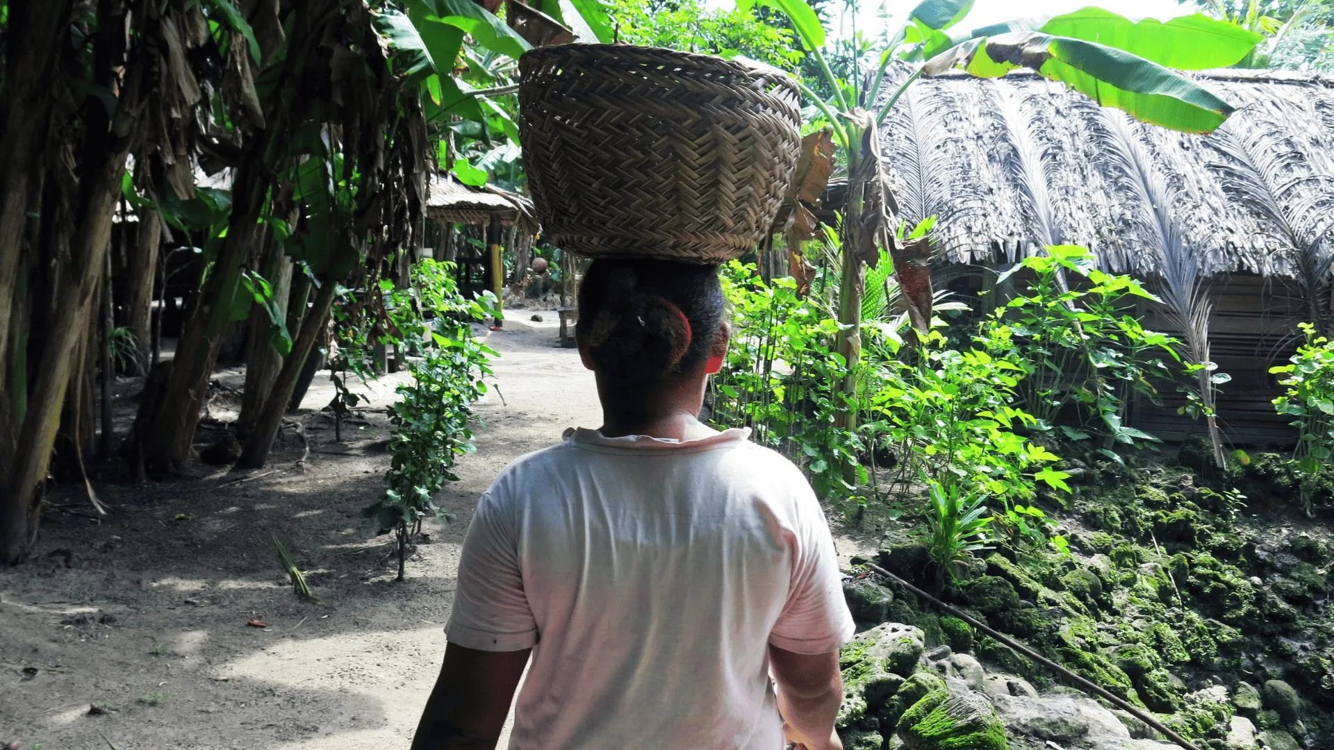 A woman walks along a shaded village path with a woven basket balanced on her head. Traditional thatched houses and lush tropical plants line the walkway.