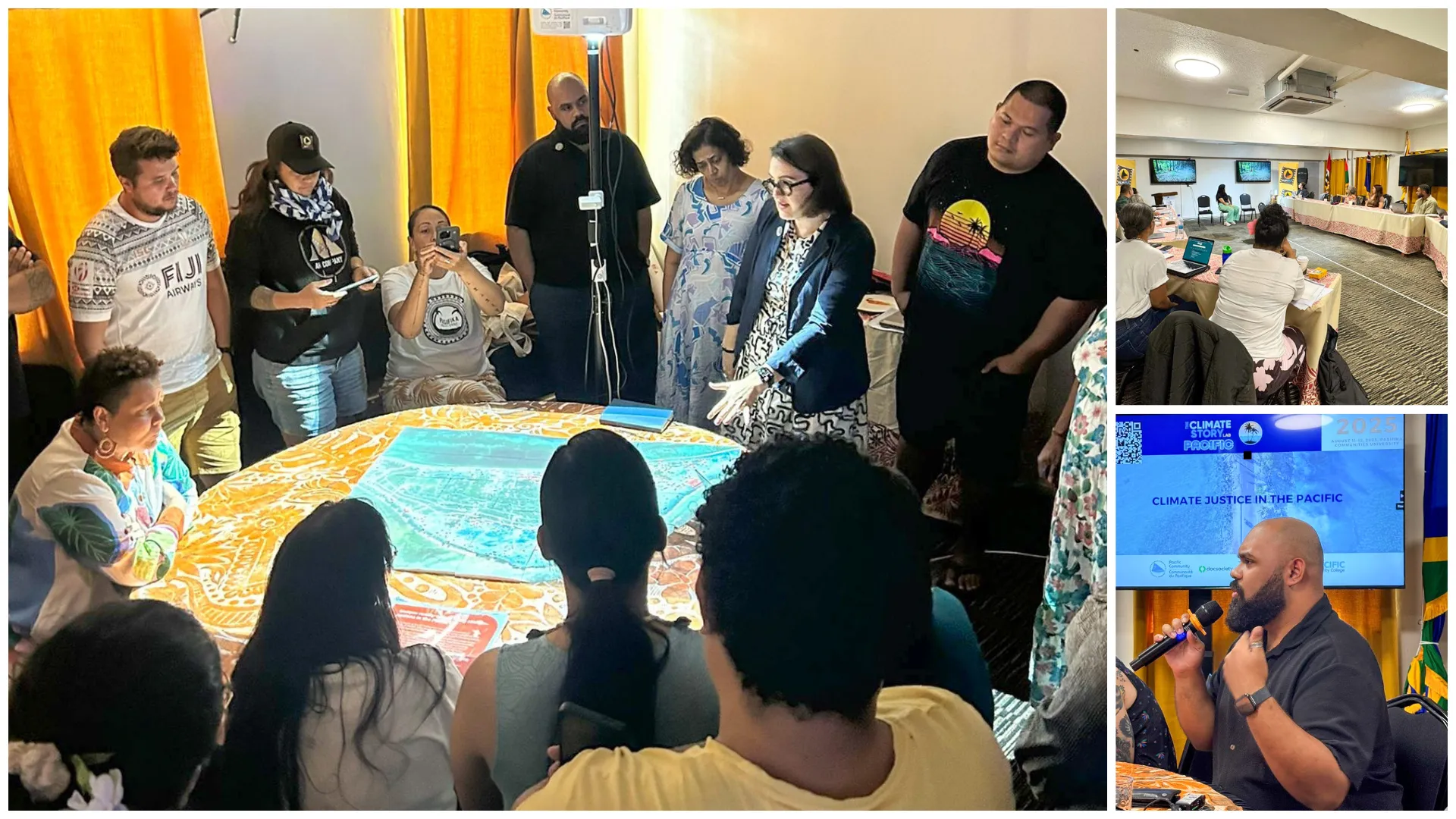 A collage of three photos. The photo on the left shows a group of people gathered around a table looking at a map. The picture in the top right shows a group of people watching a presentation in an open room. The picture in the bottom right shows a man holding a microphone and speaking.